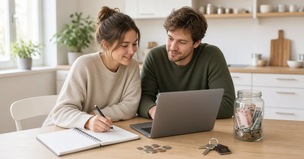 Par planerar budget för handpenning vid bostadsköp vid köksbordet med laptop och sparburk